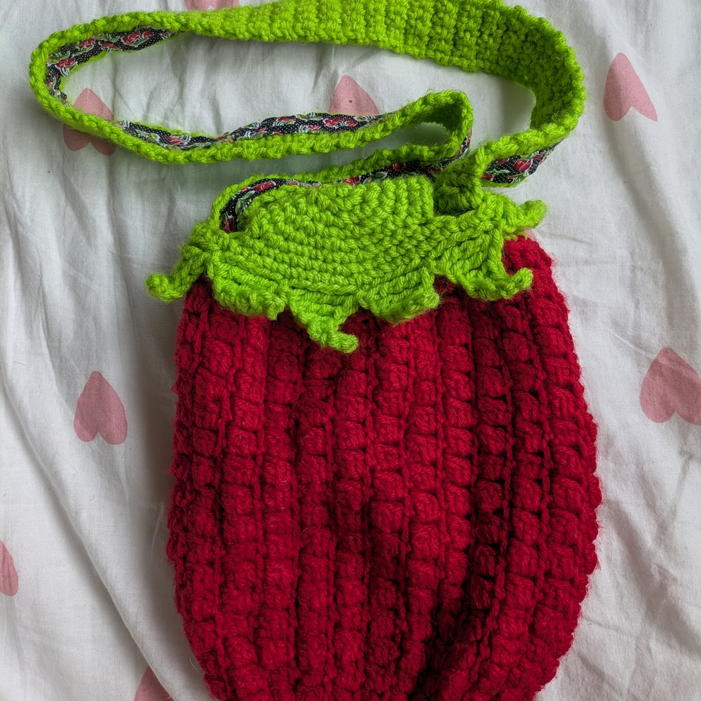 Red and Green Crocheted Strawberry Bag